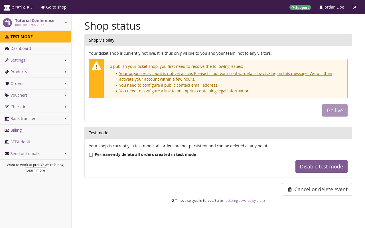 Page titled 'Shop status', displaying a box warning about which conditions are not met yet for the shop to go live and options to disable test mode and delete all test mode orders.