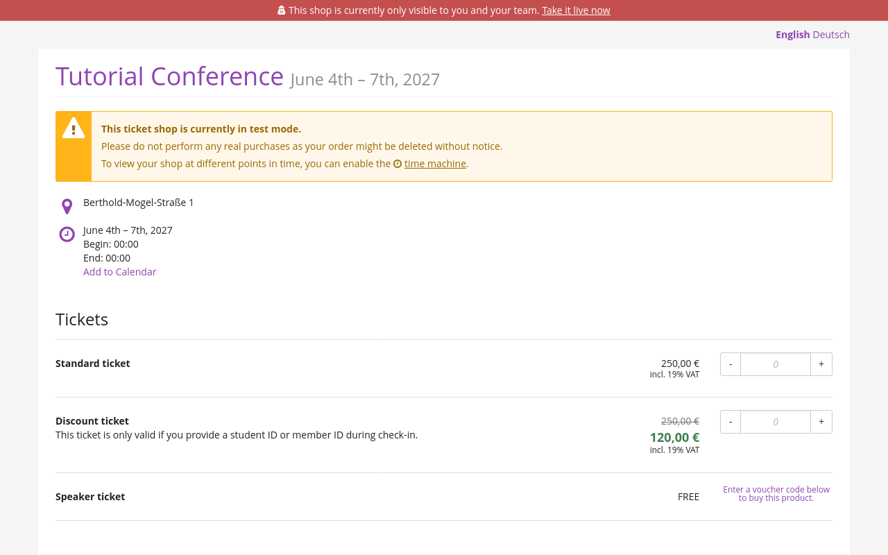 Our shop page, titled 'Tutorial conference', listing date and location for our event and a selection of products. There is a box warning that the shop is currently in test mode.