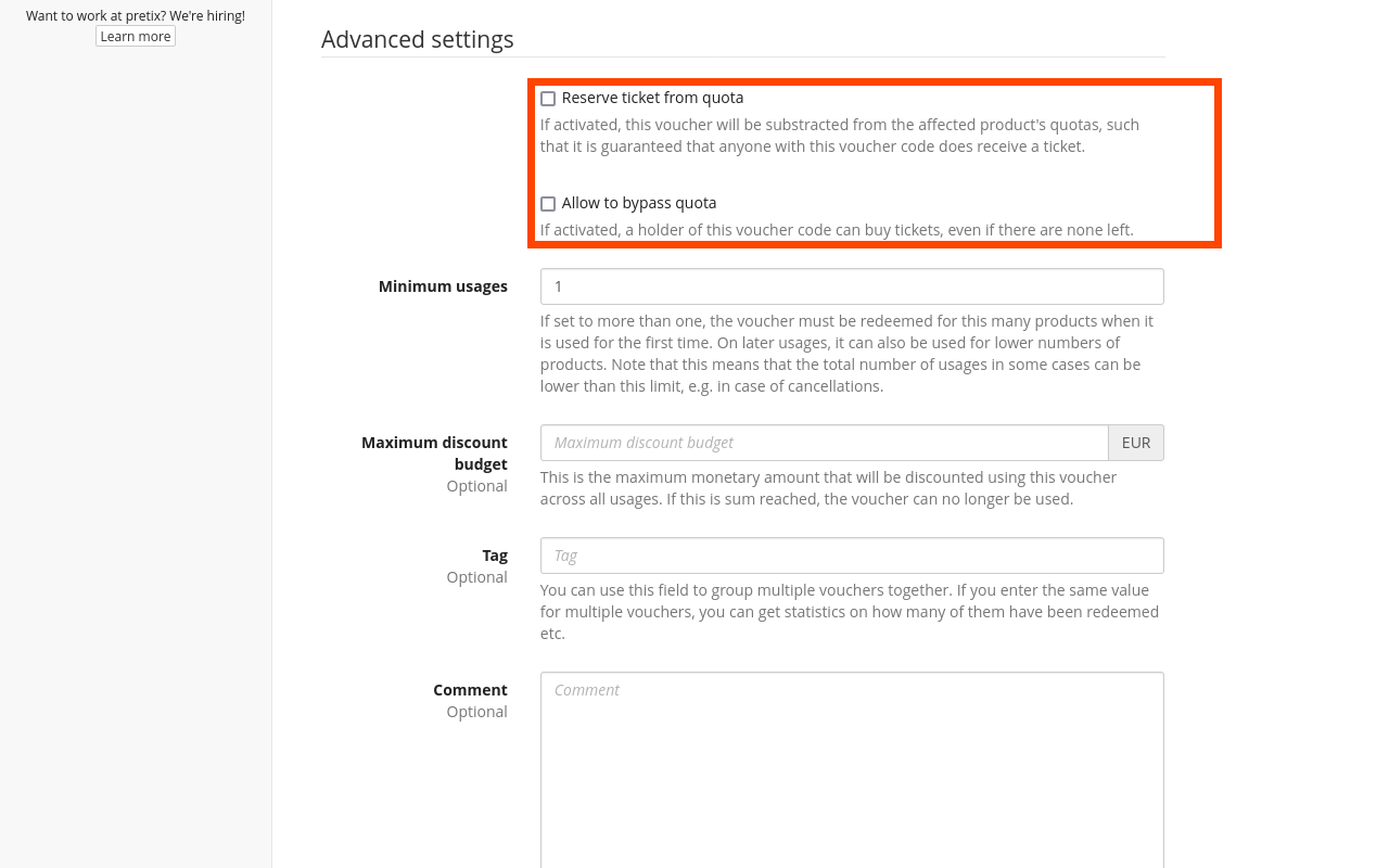 Page titled Create multiple vouchers, highlighted are the options for reserving tickets from a quota and bypassing quotas.