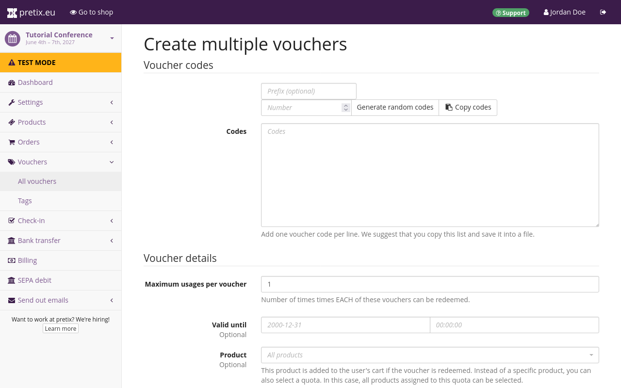 Page titled Create multiple vouchers, showing options for creating multiple voucher codes.