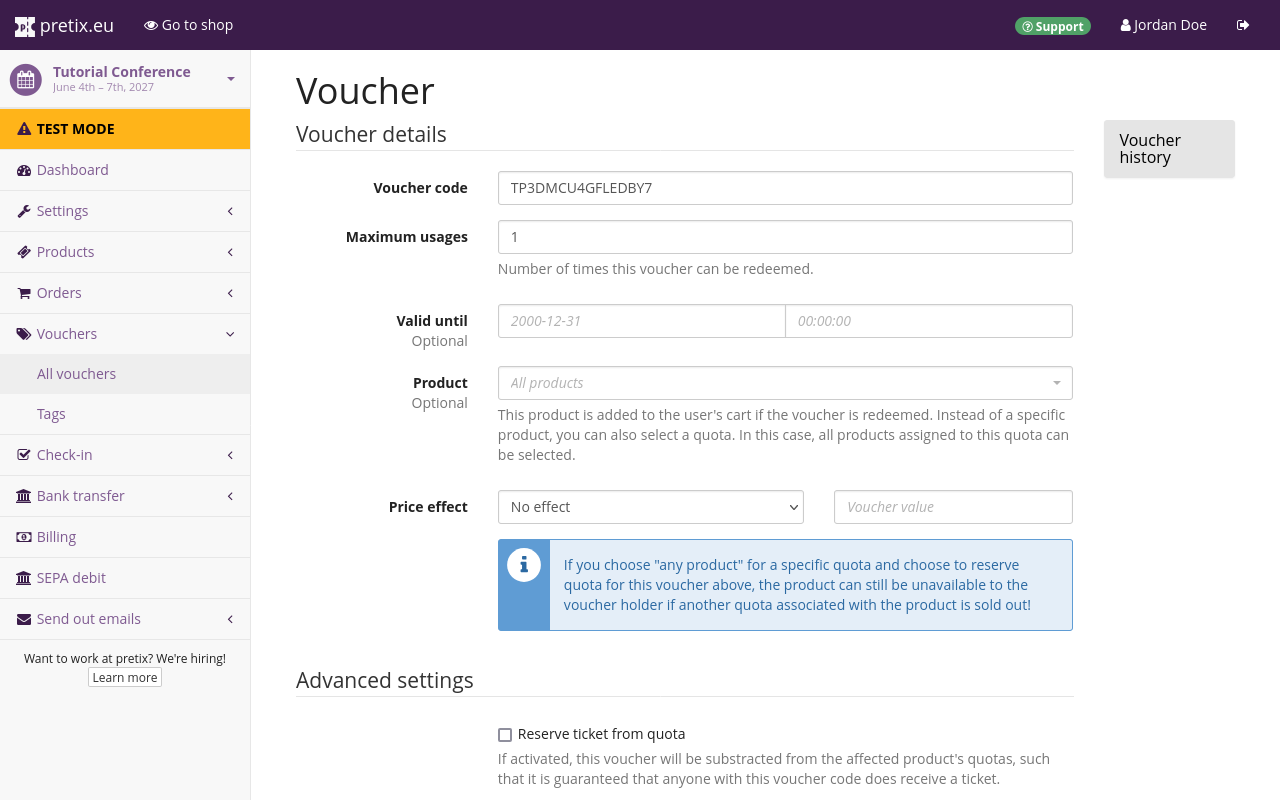 Page titled Voucher, showing options for creating a single voucher code.