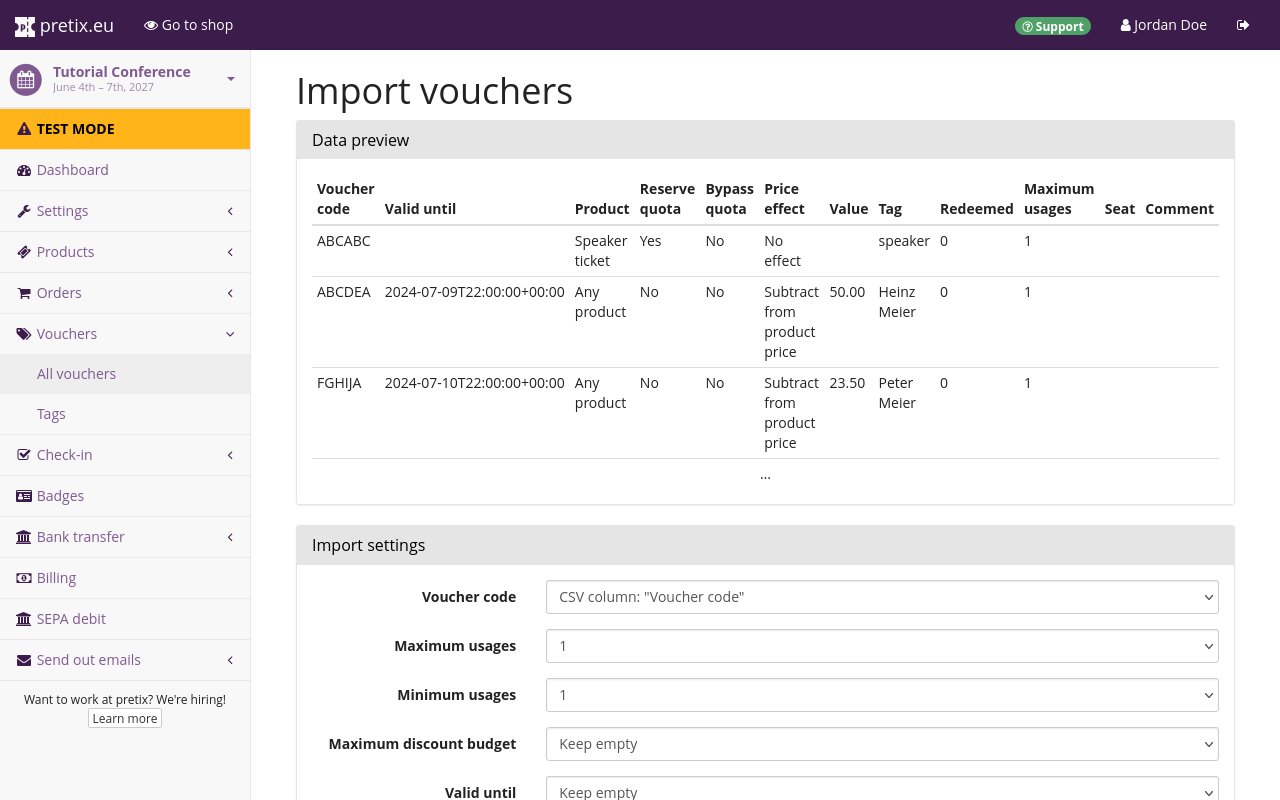 Page titled Import vouchers, showing a preview of the uploaded data and import settings.