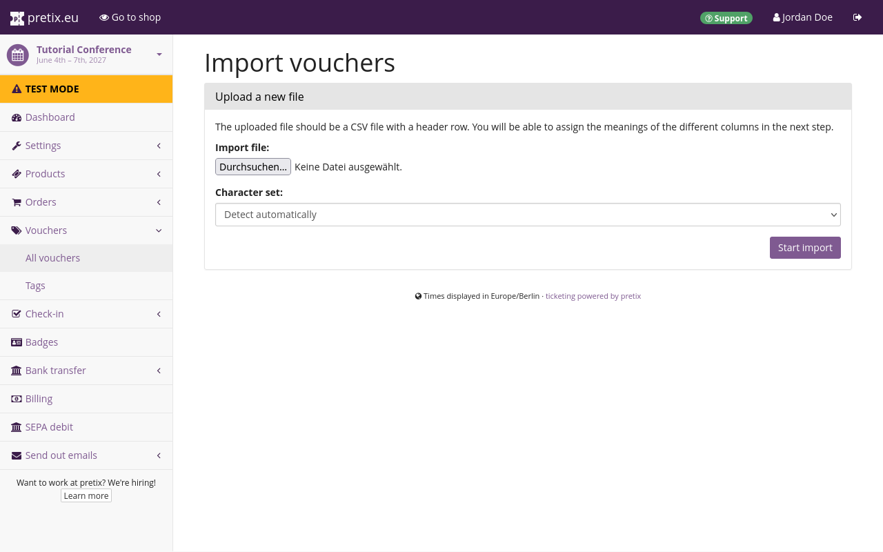 Page titled Import vouchers, showing a file upload and a setting for the character set.