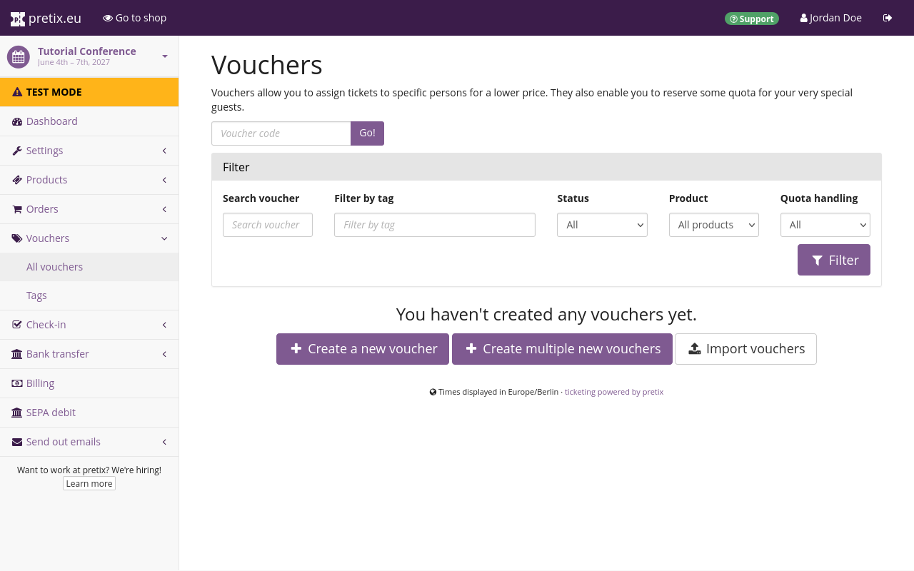 Page titled Vouchers, showing an overview of all vouchers that have already been created, options to search and filter vouchers, and buttons for creating or importing vouchers.