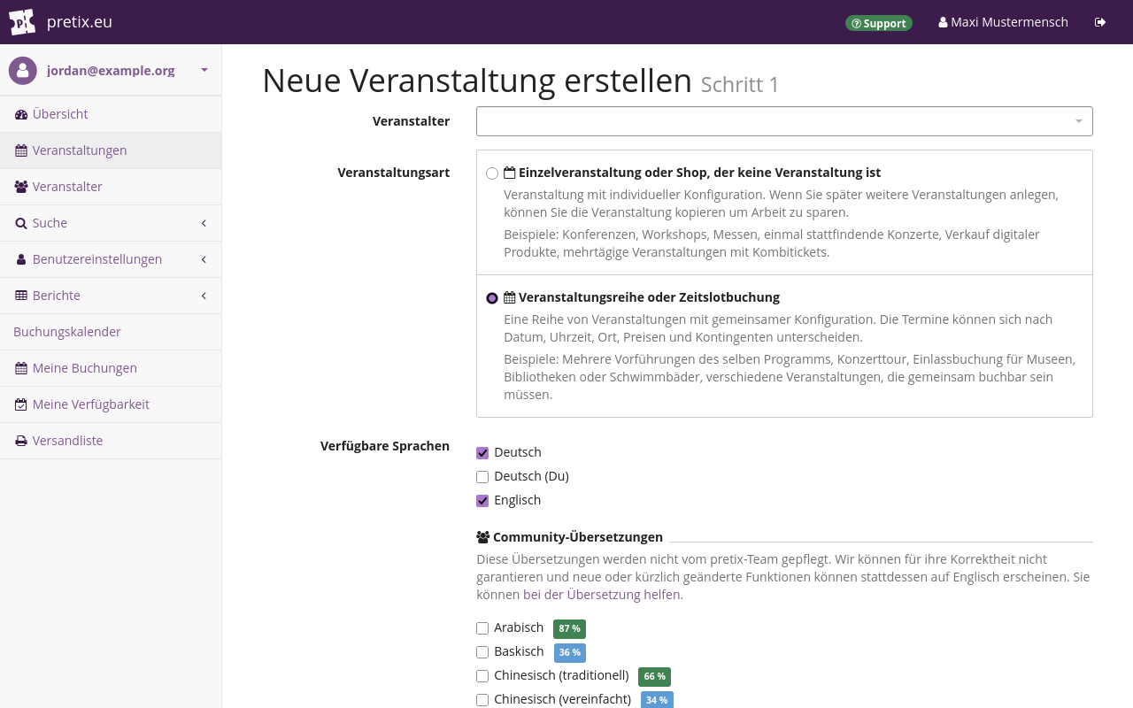 Create new event step 1 screenshot Screenshot of page titled "Create new Event—Step 1", showing options for choosing an organizer account, the event type, and languages.