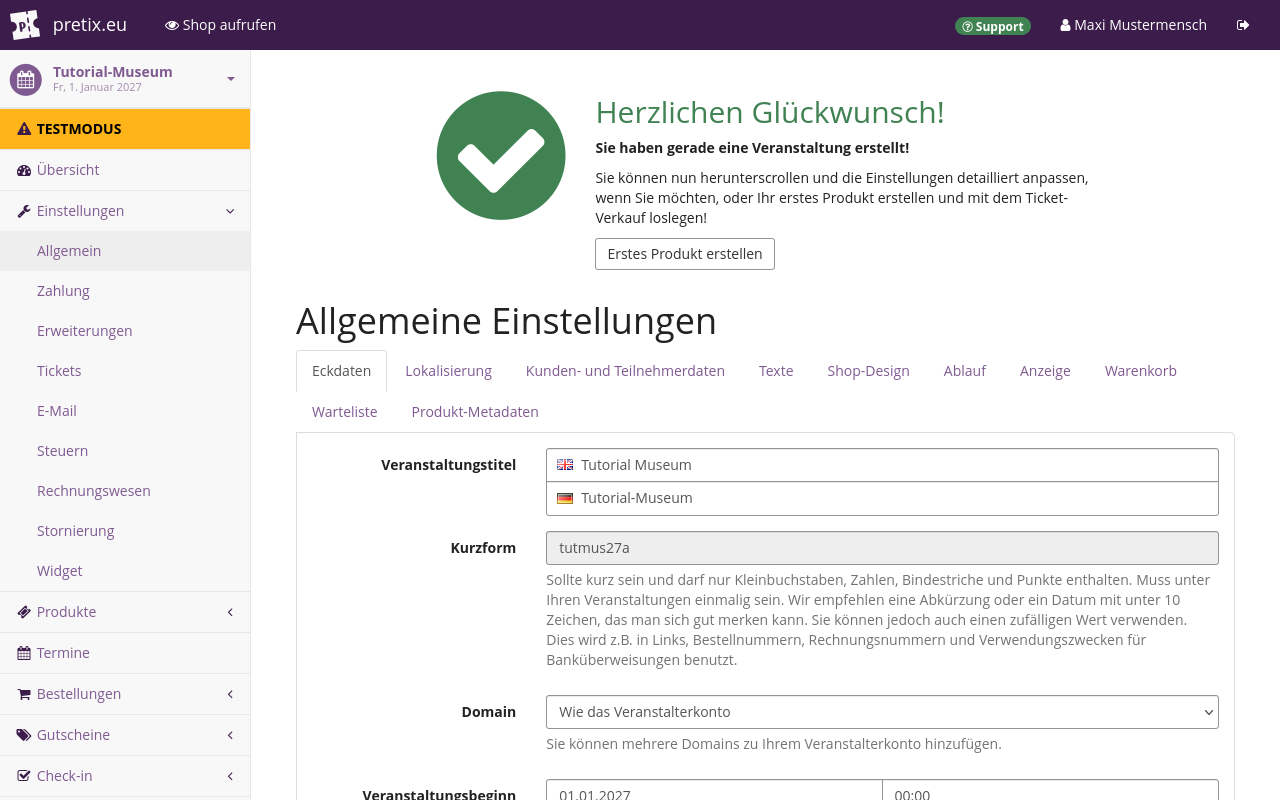 Create new event step 4 screenshot Screenshot of page titled "Congratulations! You just created an event!", showing a button for creating a first product, and ten tabs for switching to different settings.