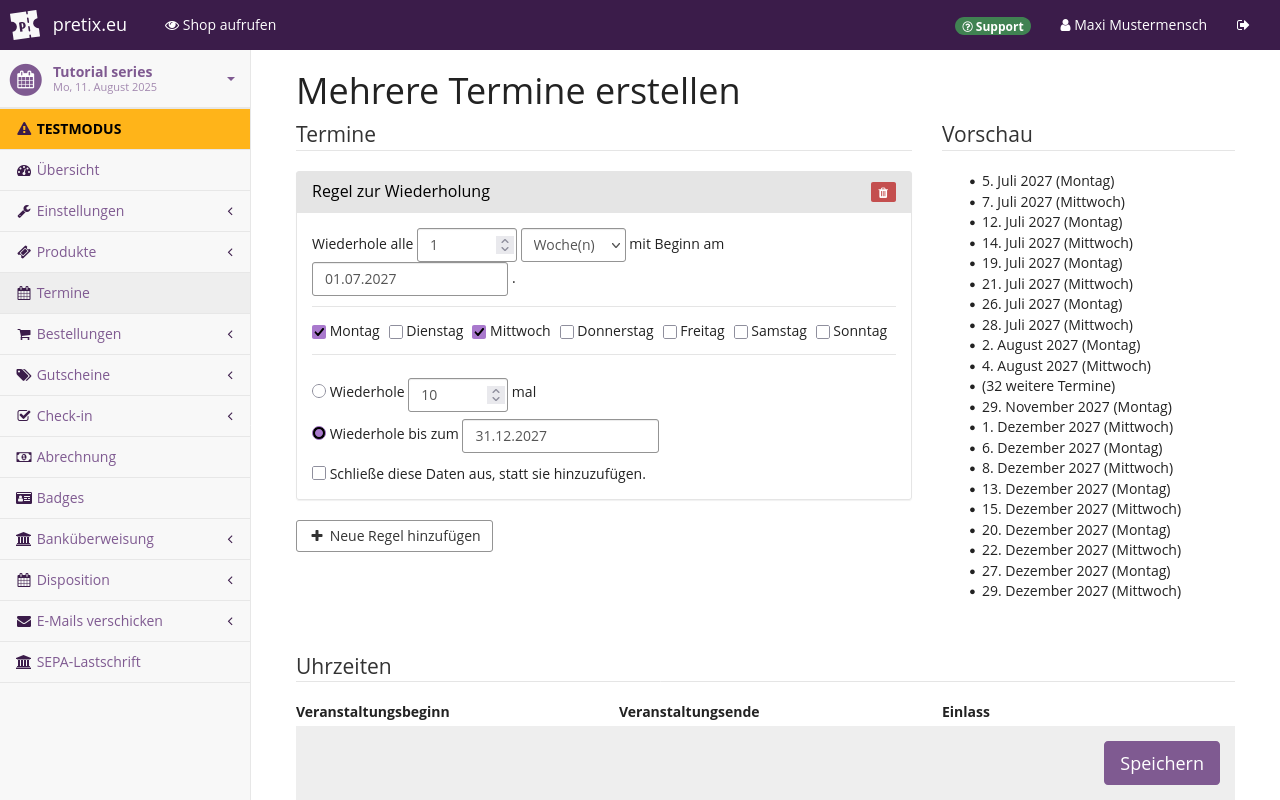 Beispiel für das Erstellen mehrerer Termine Seite mit dem Titel "Mehrere Termine erstellen" mit Optionen für Wiederholungsregeln und Zeiten sowie einer Vorschau der Termine, die angelegt werden.