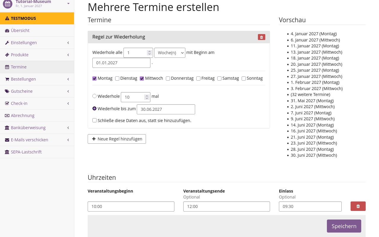 Create multiple dates example Page titled "Create multiple dates", displaying options for a repetition rule and times, as well as a preview of dates about to be created.