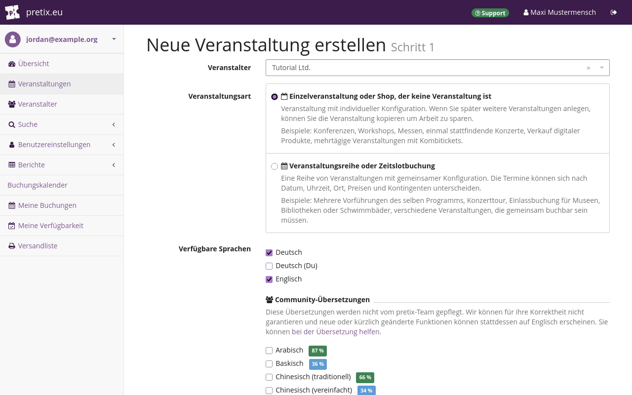 Screenshot of page titled "Create new Event—Step 1", showing options for choosing an organizer account, the event type, and languages.
