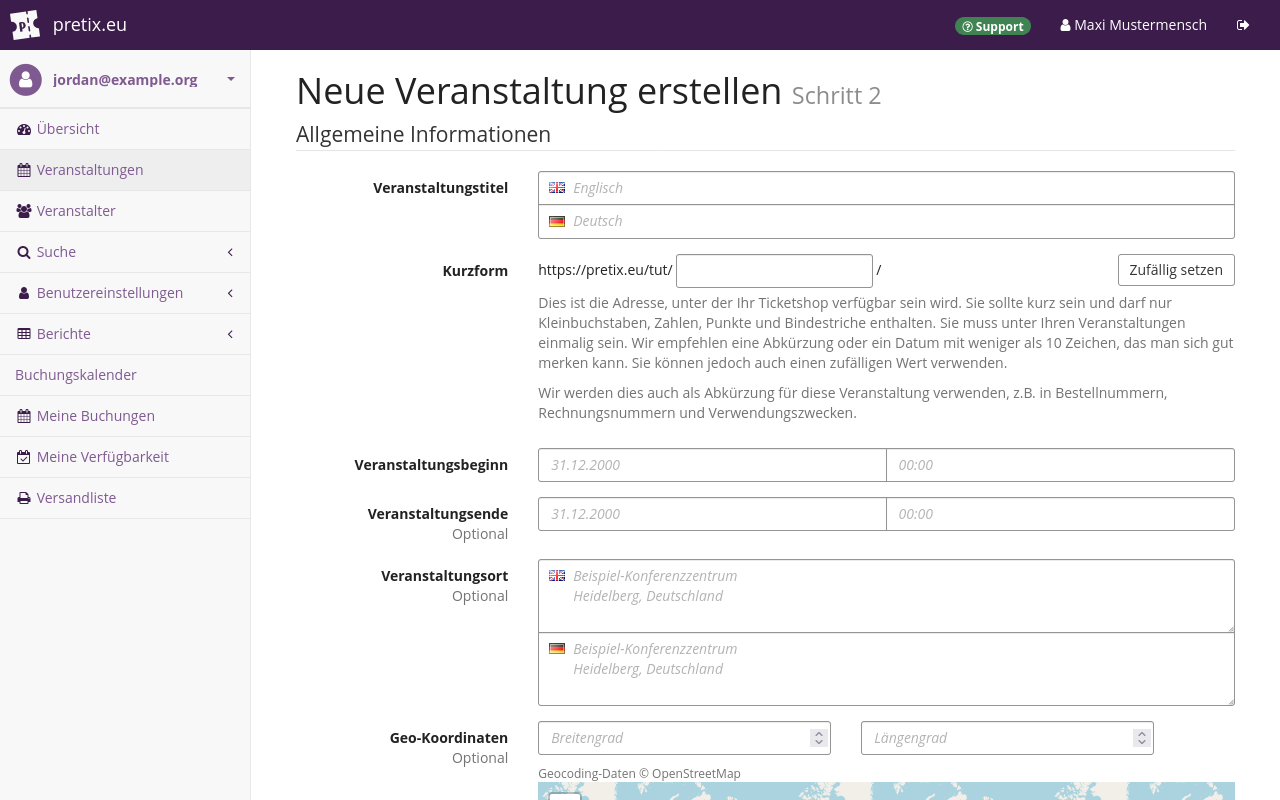Screenshot of page titled "Create new Event—Step 2", showing options for choosing name, short form, date, location, and geo coordinates for the event. Not pictured: currency, sales tax rate, time zone, start and end date of presale.