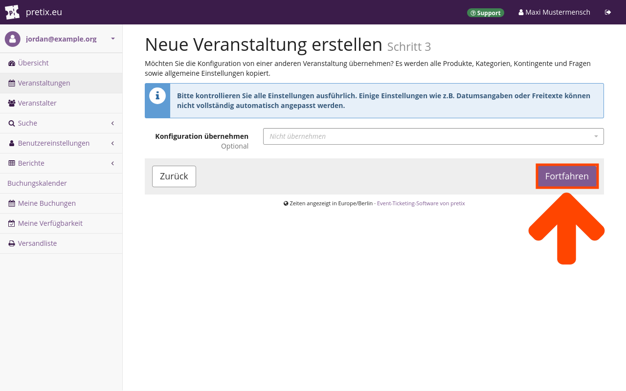 Screenshot of page titled "Create new Event—Step 3", showing an infobox asking the user to review all settings extensively and the option to import settings from a previously created event.