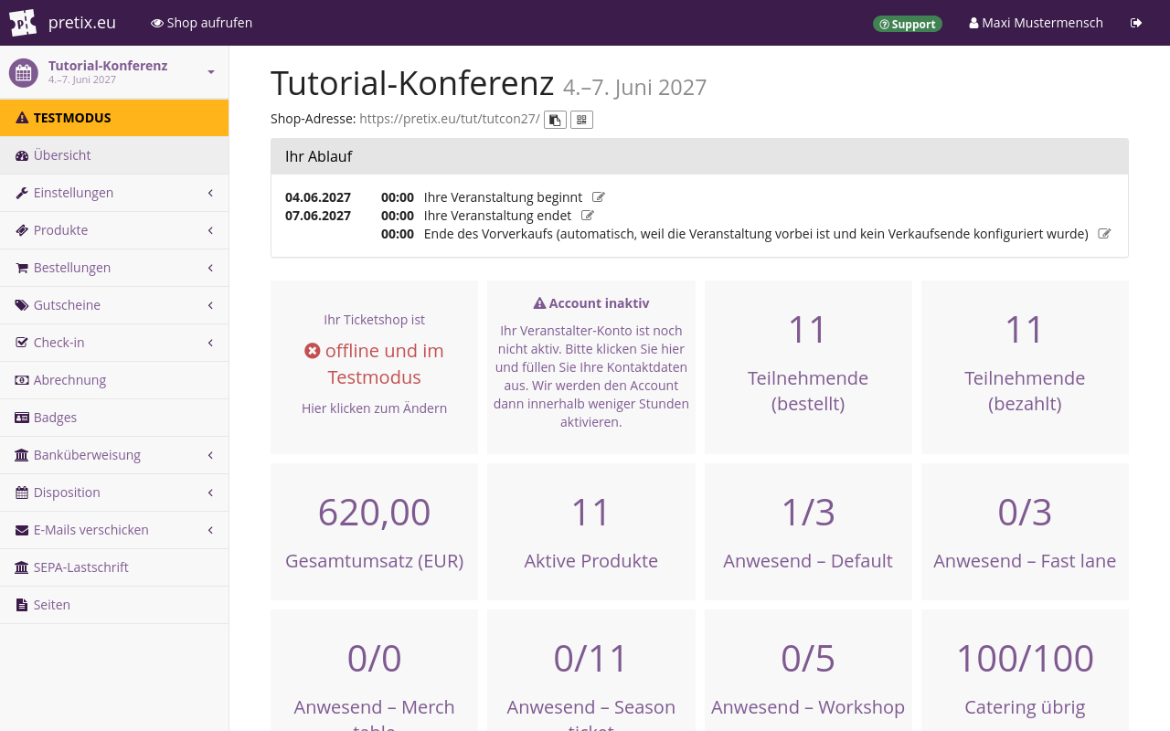 Screenshot of dashboard for a demo event titled Tutorial Conference, showing the title, buttons for sharing the event, the timeline, an overview of orders, payments and tickets left, as well as a field for internal comments. Not pictured: event logs for recent changes.