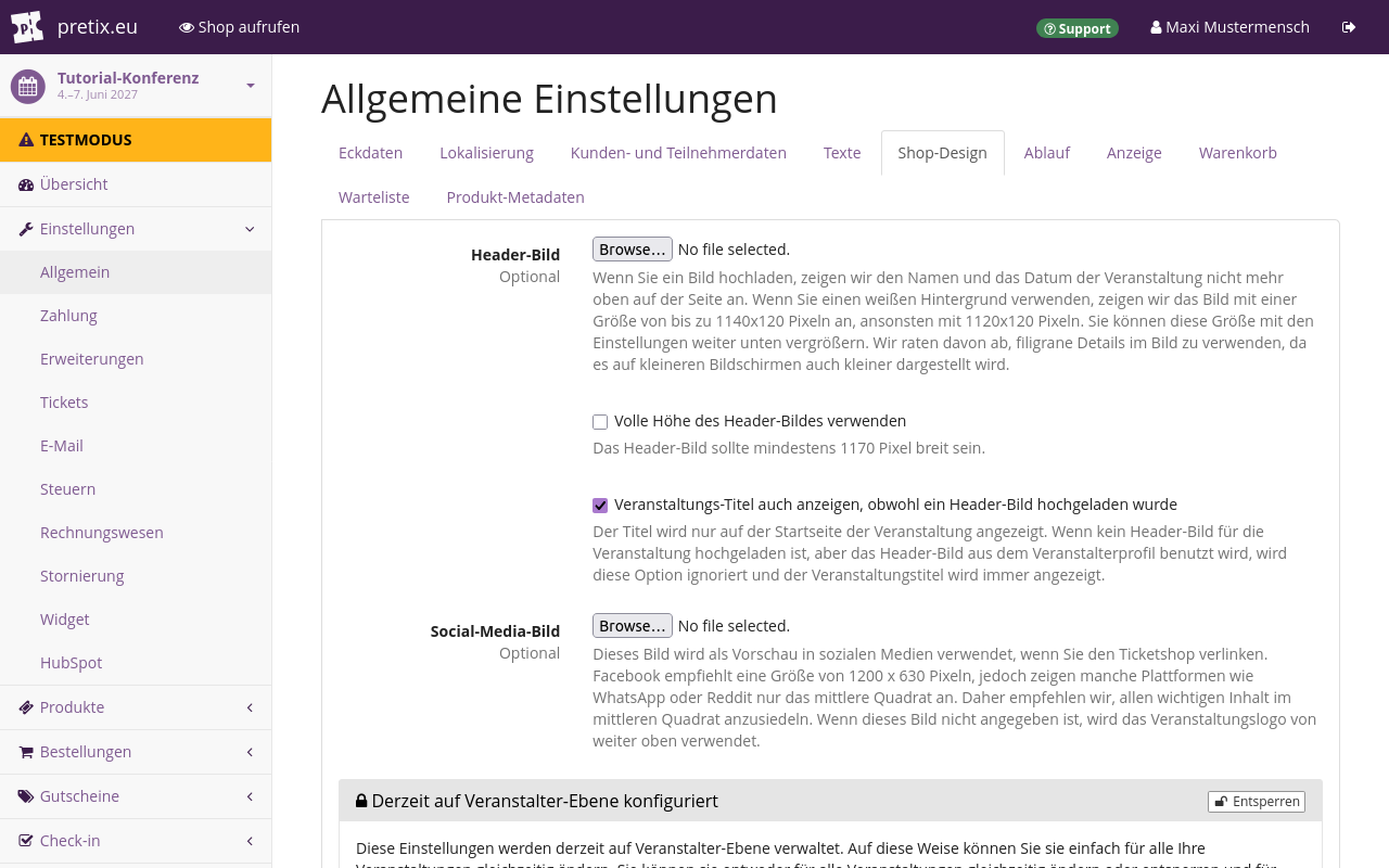 Screenshot of "Shop design" tab, showing options for the header image and social media image, as well as a locked section at the bottom.