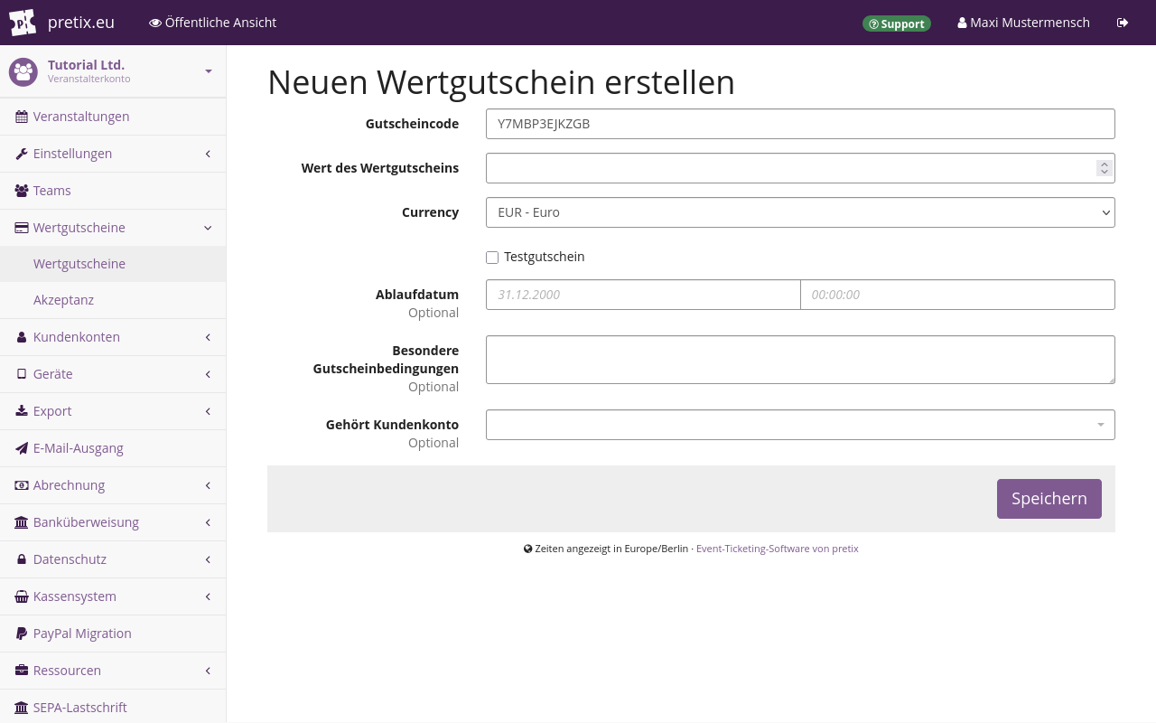 Seite mit dem Titel "Neuen Wertgutschein erstellen" mit Eingabefeldern für Code, Wert und Ablaufdatum sowie für besondere Gutscheinbedingungen. Außerdem Auswahlmöglichkeiten für die Währung und die Angabe, ob der Wertgutschein als Test erstellt wird.