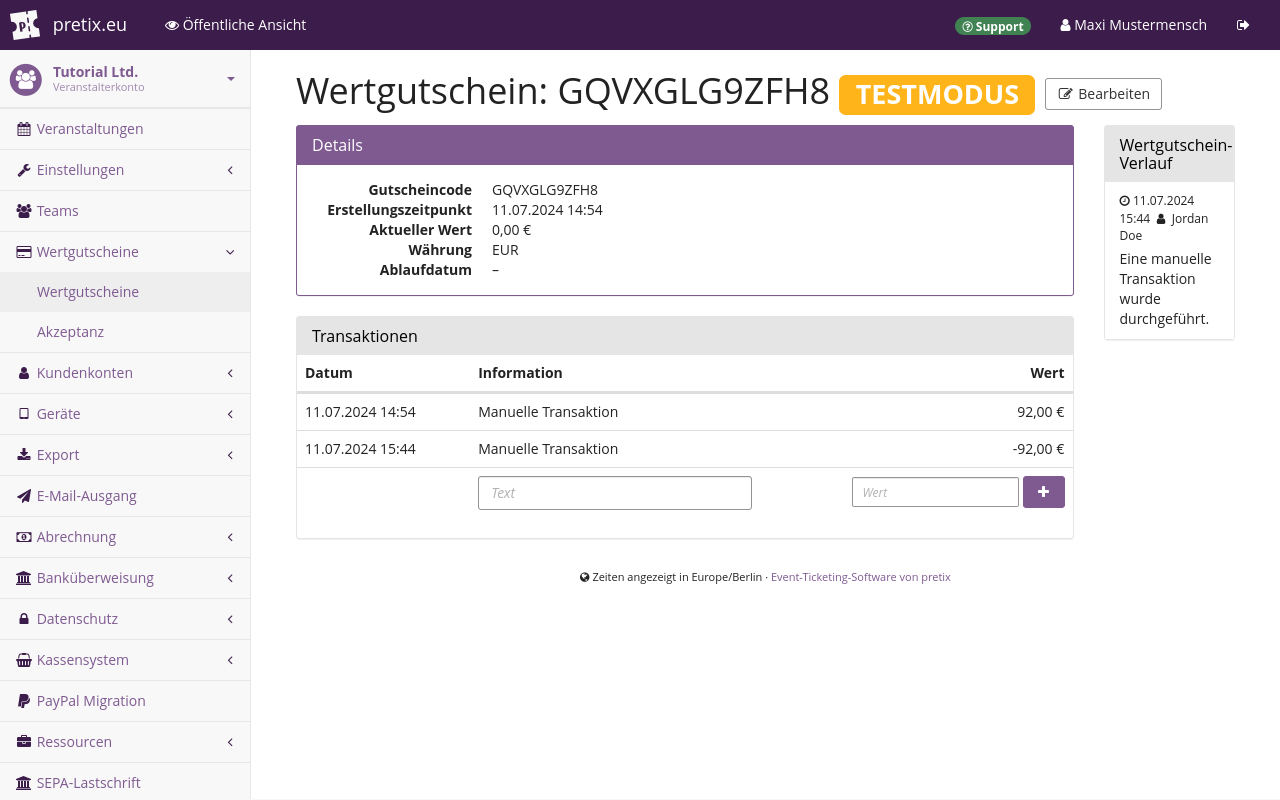 Seite mit dem Titel "Wertgutschein: Wertgutschein-Code", auf der ein Wertgutschein angezeigt wird, der im Rahmen einer Bestellung mit einem Wert von 92,00 € erstellt wurde und für den eine manuelle Transaktion in Höhe von minus 92,00 € vorgenommen wurde, sodass der Wert des Wertguscheins nun bei 0,00 € liegt.