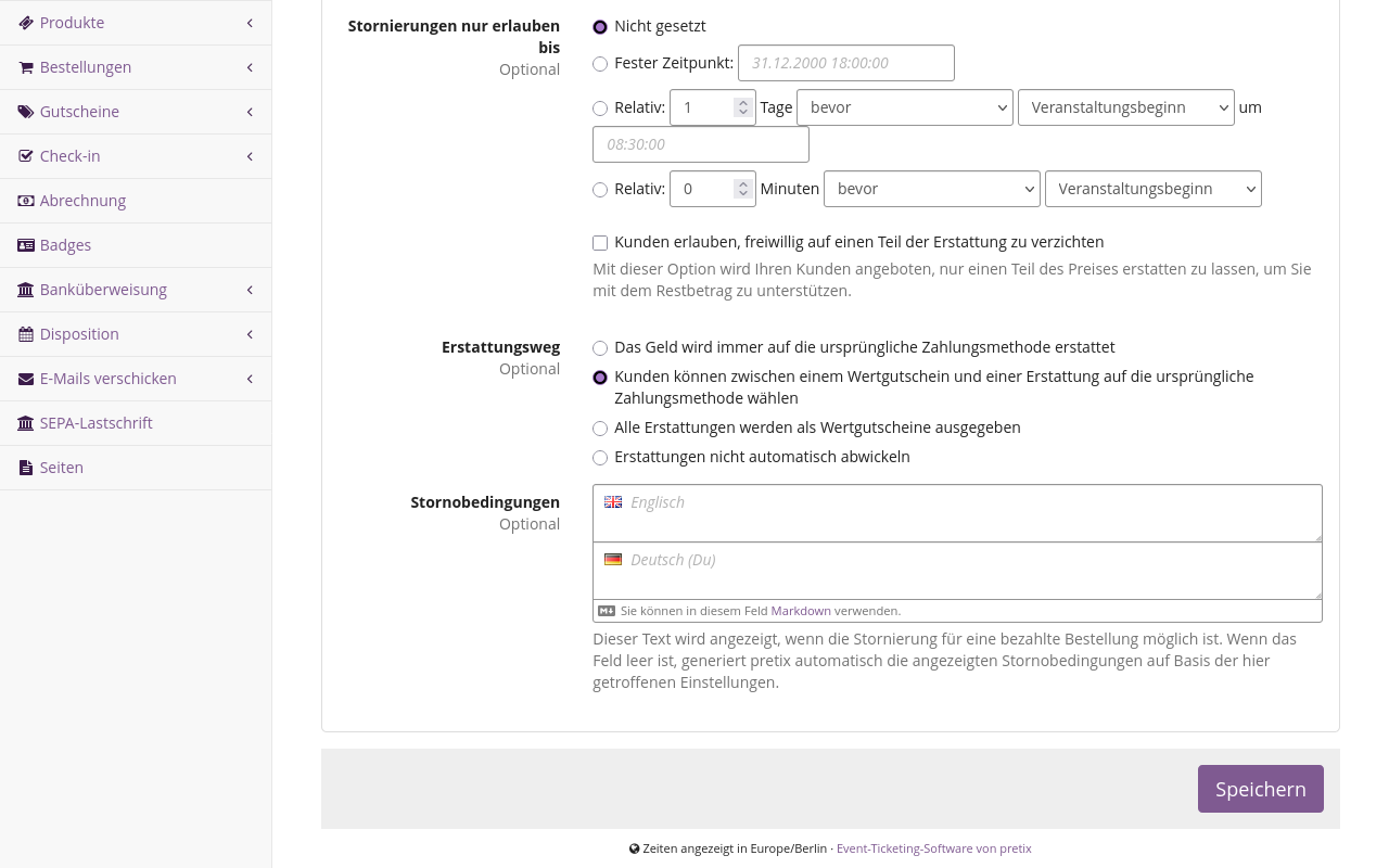 Die Seite "Stornierungseinstellungen" auf dem Reiter "Bezahlte Bestellungen" die Einstellungen für die Erstattungsmethode hervorgehoben, wobei vier Optionen zur Auswahl stehen, von denen zwei Wertgutscheine betreffen.