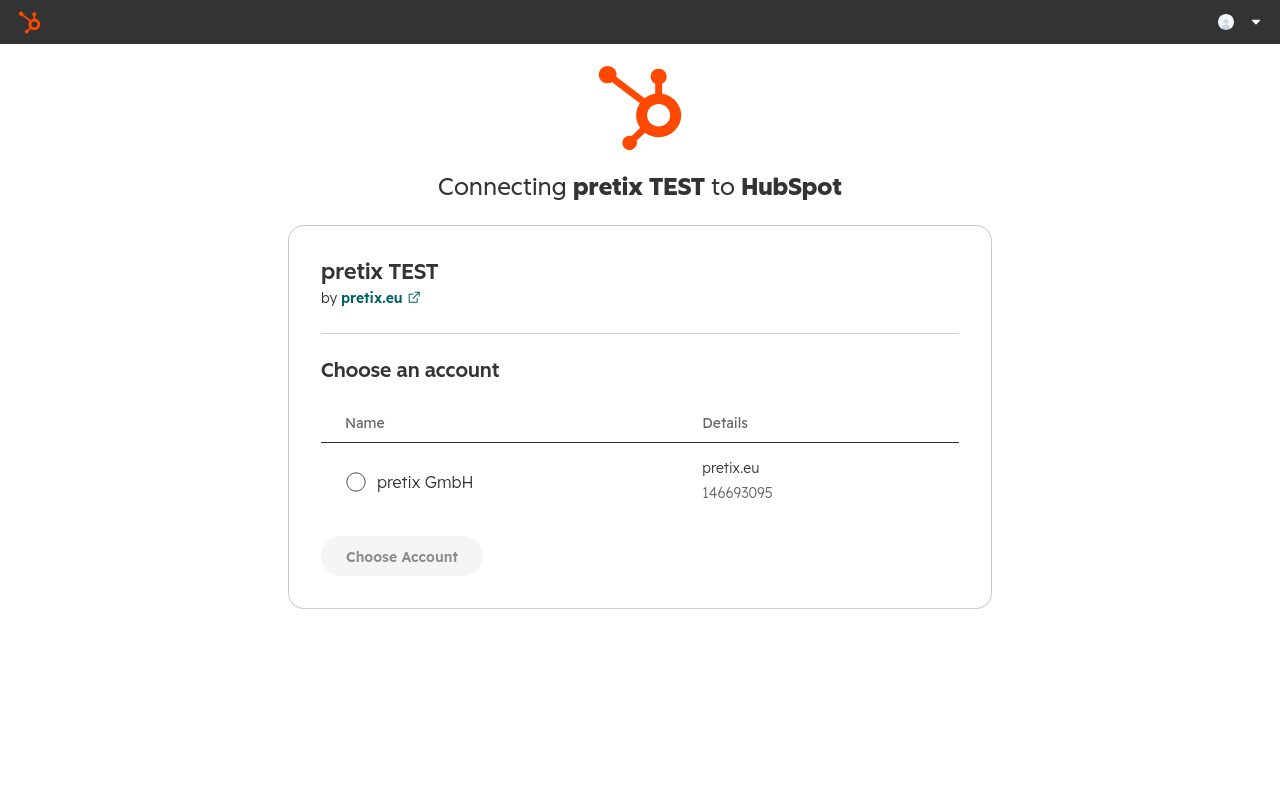 Die Seite 'Connecting pretix to HubSpot' zeigt eine Liste von Konten zur Auswahl an und dazu den Button 'Choose an account'.
