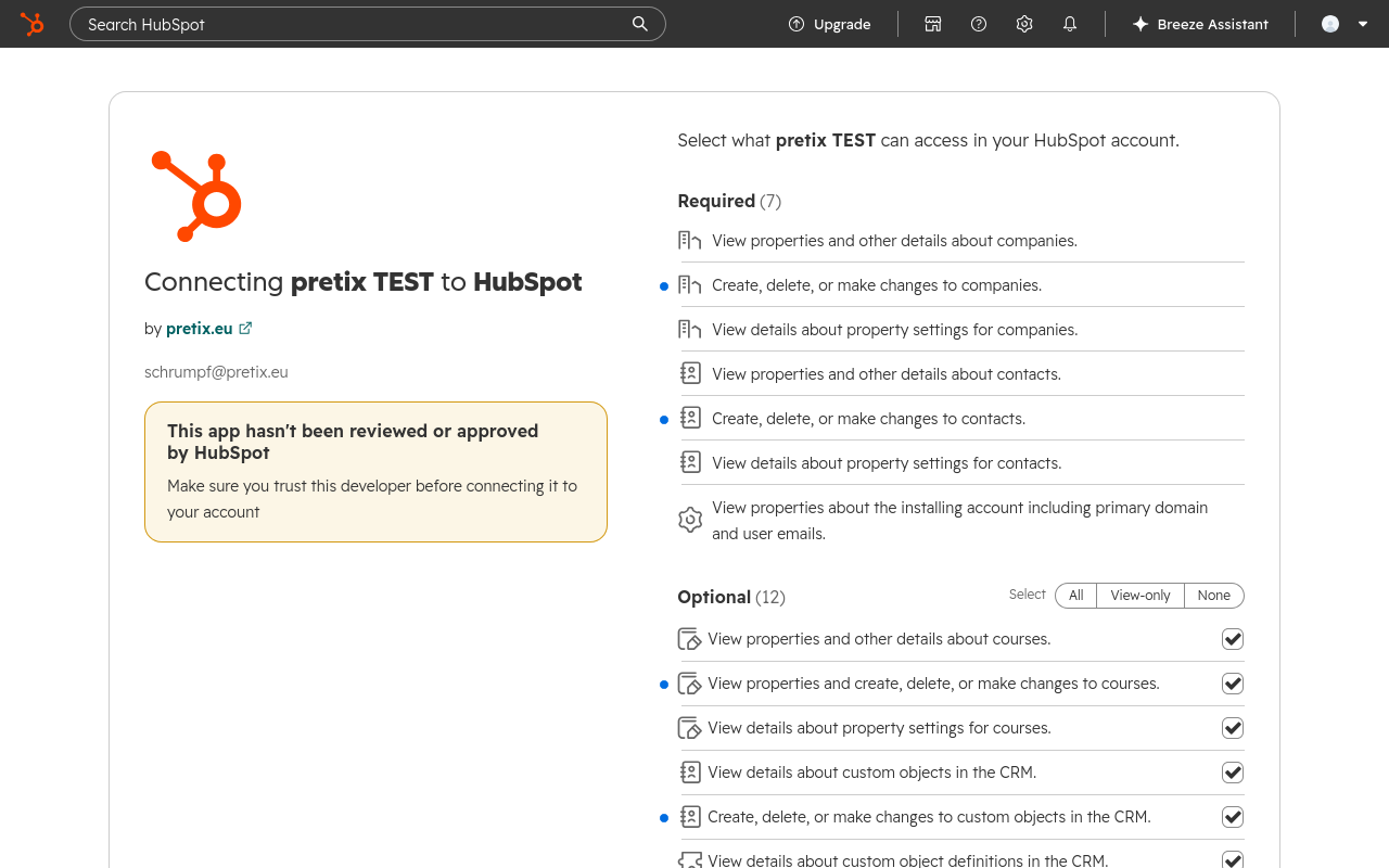Die Seite 'Connecting pretix to HubSpot' zeigt eine Warnung, dass Sie dabei sind, eine ungeprüfte Anwendung zu verbinden, und zeigt eine Liste von Änderungsberechtigungen an, die pretix in HubSpot benötigt.