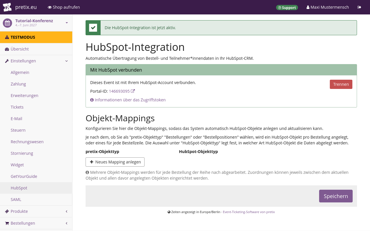 Auf der Seite 'HubSpot-Integration' ist ein grünes Mitteilungsfeld mit dem Text 'Die HubSpot-Integration ist jetzt aktiv', weiter unten ein Feld mit dem Status der HubSpot-Verbindung sowie Einstellungen für Objekt-Mappings.