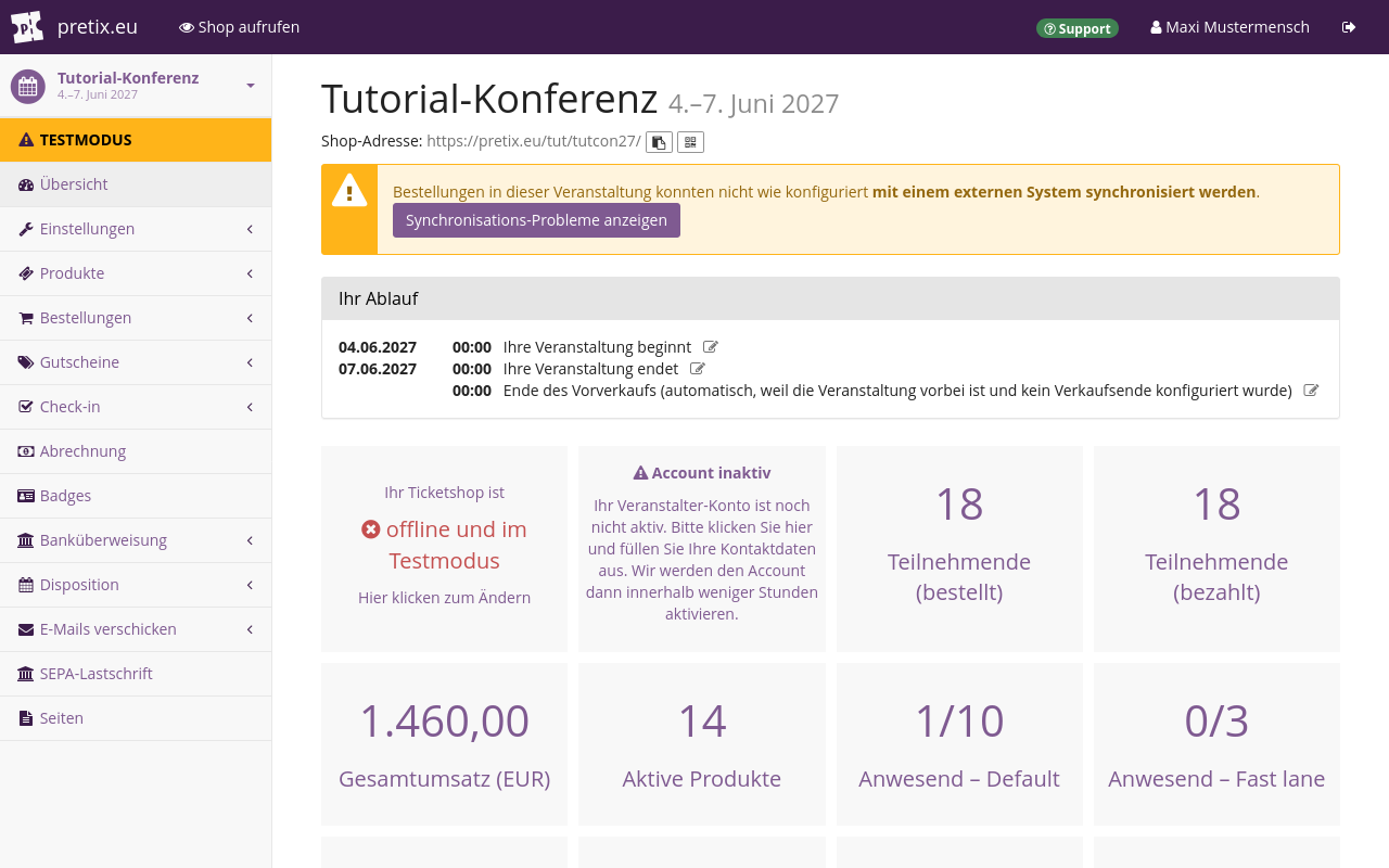 Die Veranstaltungs-Übersicht zeigt unter anderem einen gelben Kasten mit der Warnung 'Bestellungen in dieser Veranstaltung konnten nicht wie konfiguriert mit einem externen System synchronisiert werden' sowie einen violetten Button mit der Aufschrift 'Synchronisations-Probleme anzeigen'.