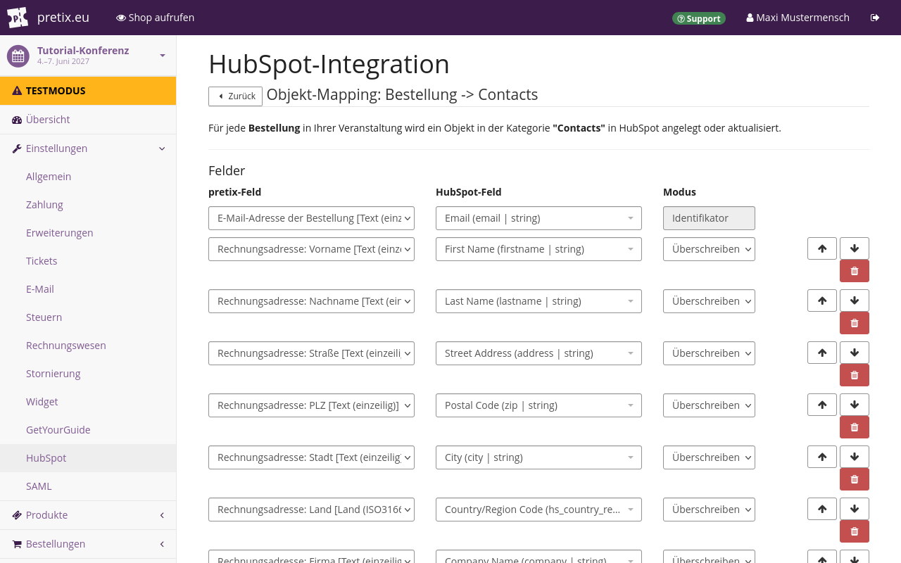 Die Seite 'HubSpot-Integration' zeigt ein Objekt-Mapping von 'Bestellung' zu 'Contacts'. Diese Konfiguration ordnet die E-Mail-Adresse der Bestellung, Rechnungsempfänger, -adresse und -firma den entsprechenden Feldern in HubSpot zu.