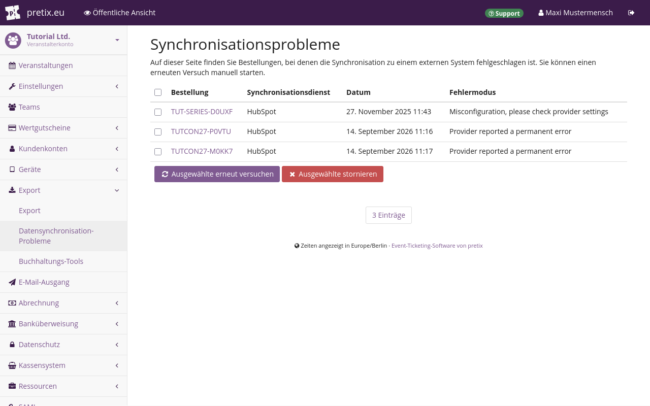 Die Seite 'Synchronisationsprobleme'  zeigt eine Liste von Bestellungen mit Spalten für Bestellnummer, Synchronisationsdienst, Datum und Fehlermodus. Der Synchronisationsdienst ist 'HubSpot' und der Fehlermodus ist bei jedem Eintrag 'Endgültiger Fehler zurückgegeben'.