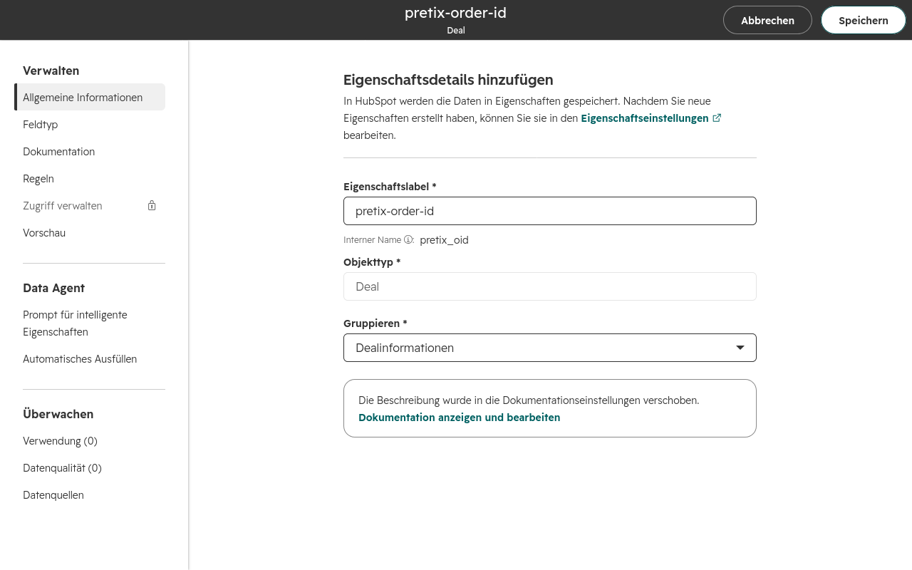 Die HubSpot-Seite 'Eigenschaftsdetails hinzufügen' zeigt die oben beschriebenen Eigenschaften sowie die Möglichkeit, an anderer Stelle eine Beschreibung einzugeben. 