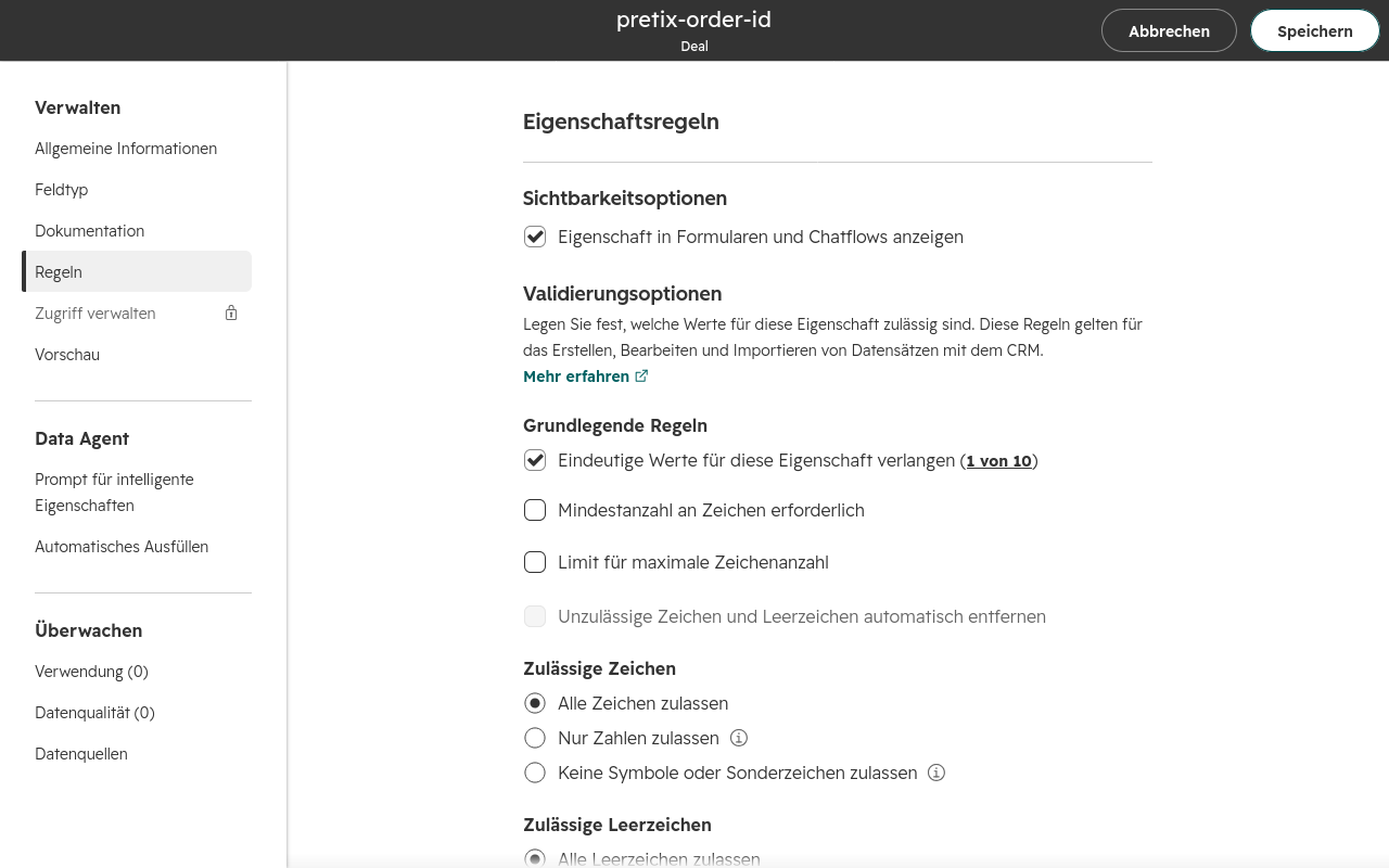 Die HubSpot-Seite 'Eigenschaftsregeln' zeigt unter anderem den Bereich 'Sichtbarkeitsoptionen' mit dem aktivierten Kontrollkästchen 'Eindeutige Werte für diese Eigenschaft verlangen (1 von 10).