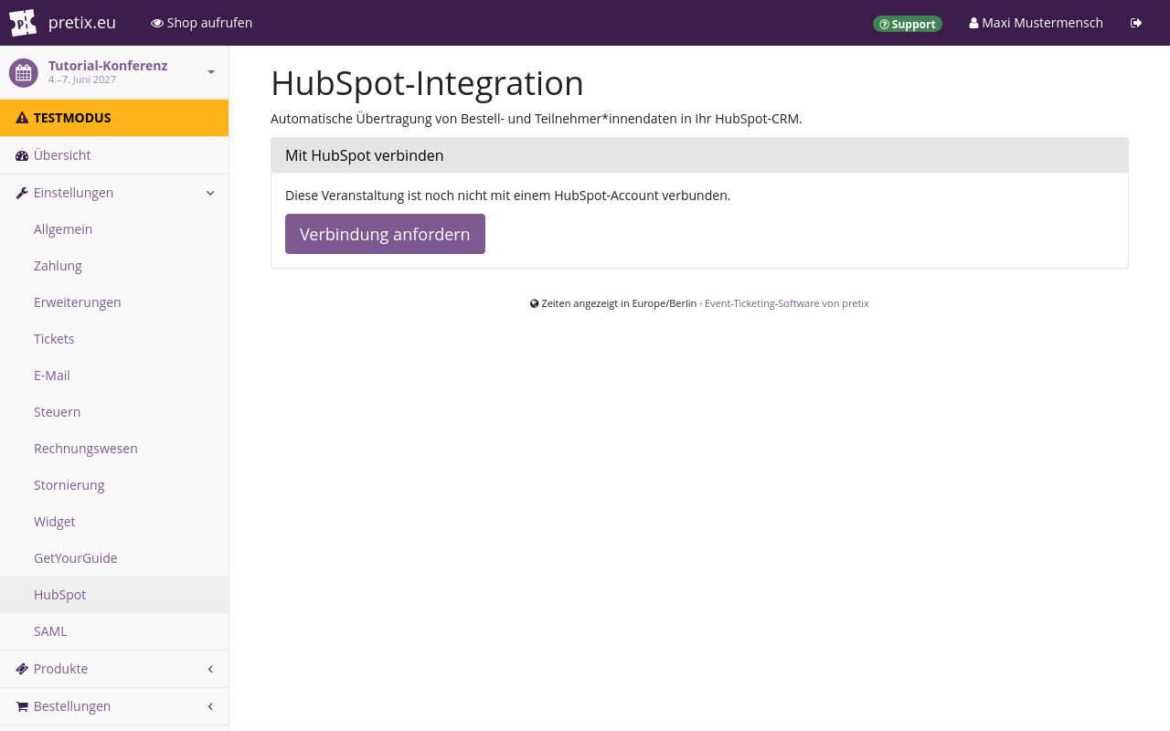 Die Seite 'HubSpot-Integration' zeigt einen großen violetten Button mit dem Text 'Verbindung anfordern'.