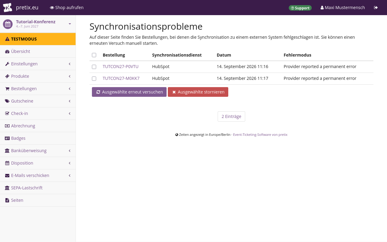 Die Seite 'Synchronisationsprobleme'  zeigt eine Liste von Bestellungen mit Spalten für Bestellnummer, Synchronisationsdienst, Datum und Fehlermodus. Der Synchronisationsdienst ist 'HubSpot' und der Fehlermodus ist bei jedem Eintrag 'Endgültiger Fehler zurückgegeben'.
