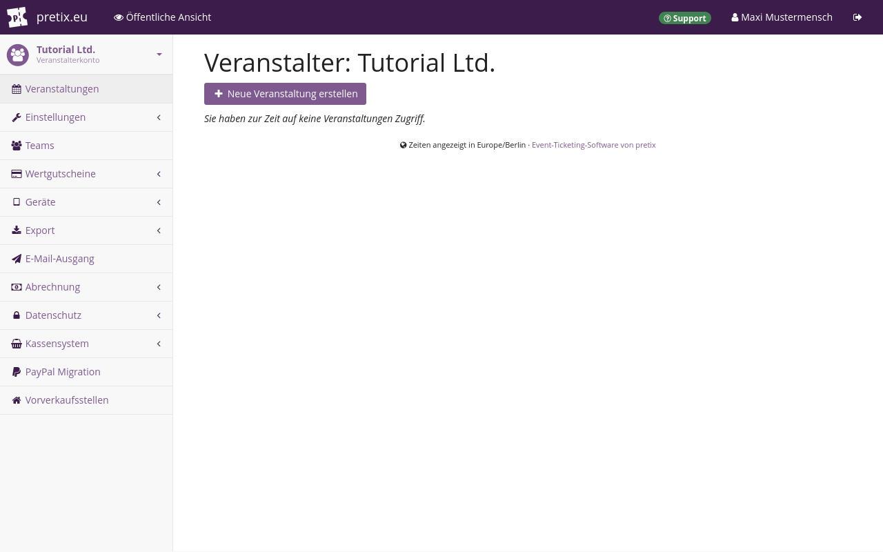 pretix.eu organizers page, showing the list of all events associated with 'Example Organizer'. There is a filter function for the list of events and a button labeled 'Create a new event'