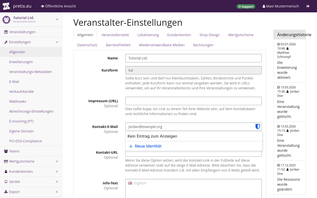 Organizer settings page, on the general tab, showing the following options: Name, Short form, Imprint URL, Contact address, Info text. Not pictured: 'Allow creating a new team during event creation' option, 'Save' button