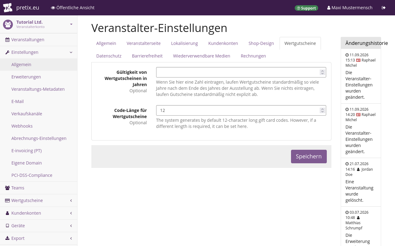Auf der Seite "Veranstalter-Einstellungen" werden auf dem Reiter "Wertgutscheine" Optionen angezeigt, die festlegen, wie viele Jahre Wertgutscheine gültig sind und aus wie vielen Ziffern die Codes der Wertgutscheine bestehen.