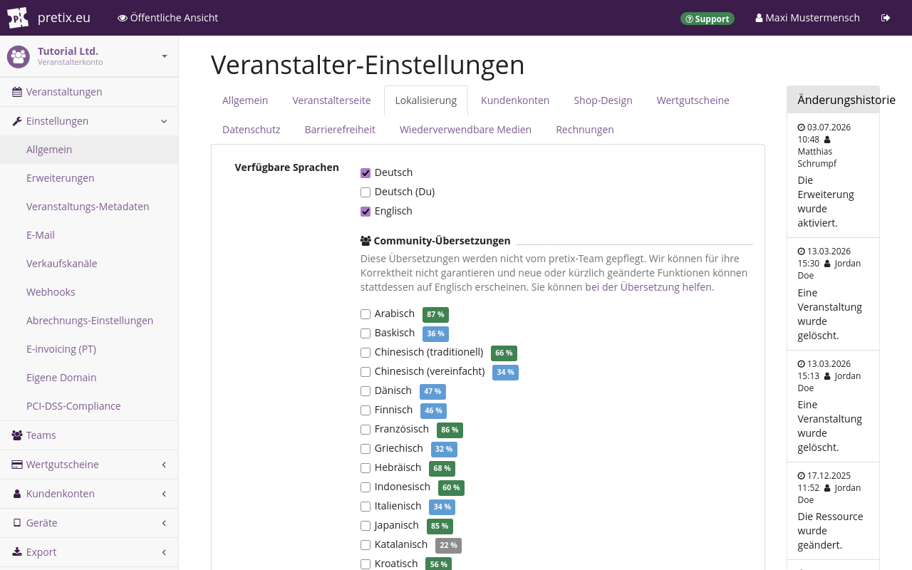 Organizer settings page, on the localization tab, showing the official language options English, German, and German (informal) as well as a list of community translations from Arabic to Polish