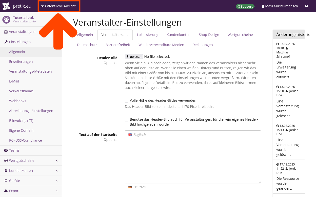 Organizer settings page, on the organizer page tab, showing the following options: Header image, Use header image in its full size, Use header image also for events without an individually uploaded logo, Homepage text in multiple languages. The "public profile" button in the top bar is highlighted.