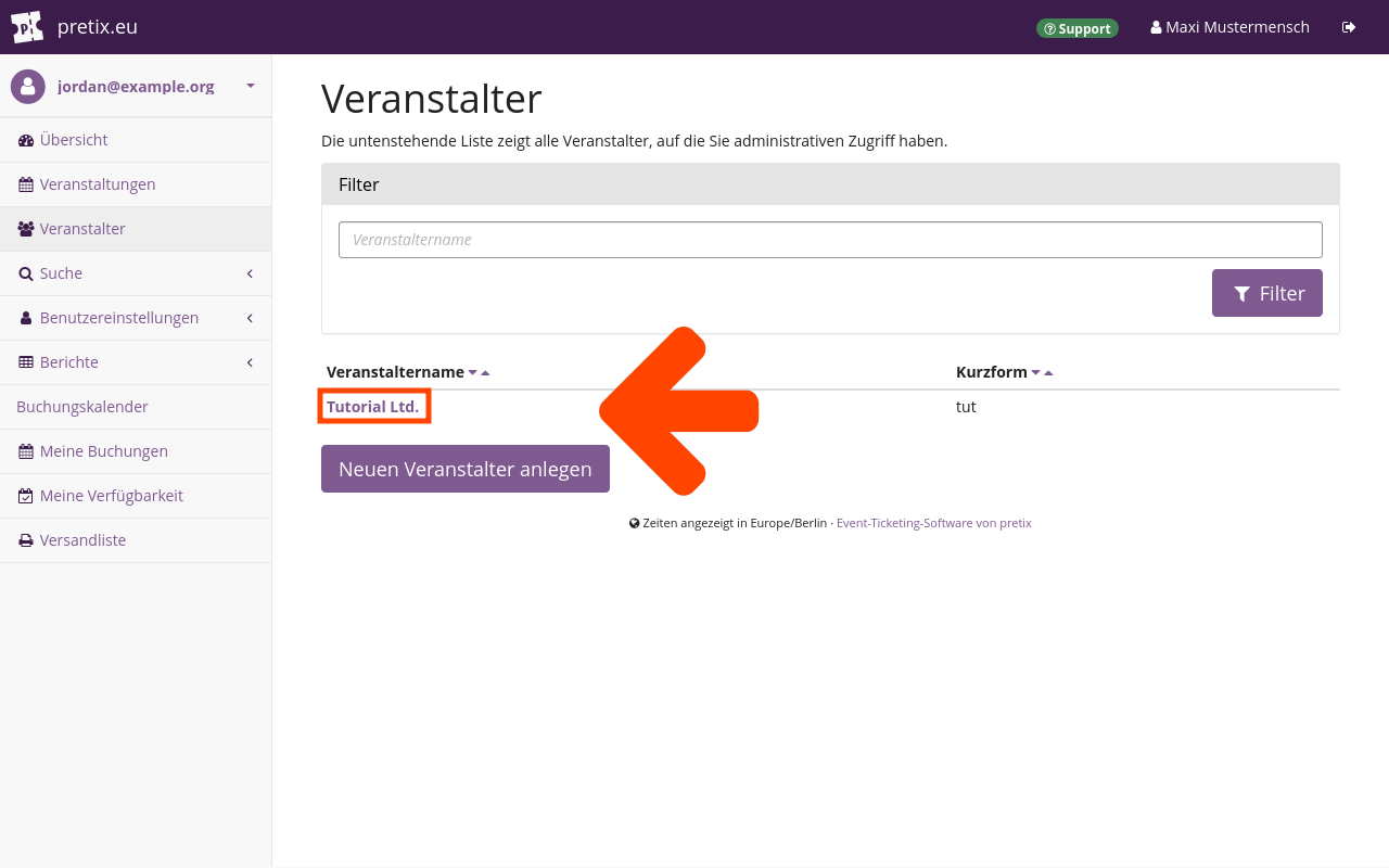 pretix.eu organizers page, showing the list of available organizer accounts which only includes 'Example Organizer'. There we will find a filter function for the list of available organizers and a button labeled 'Create a new organizer'