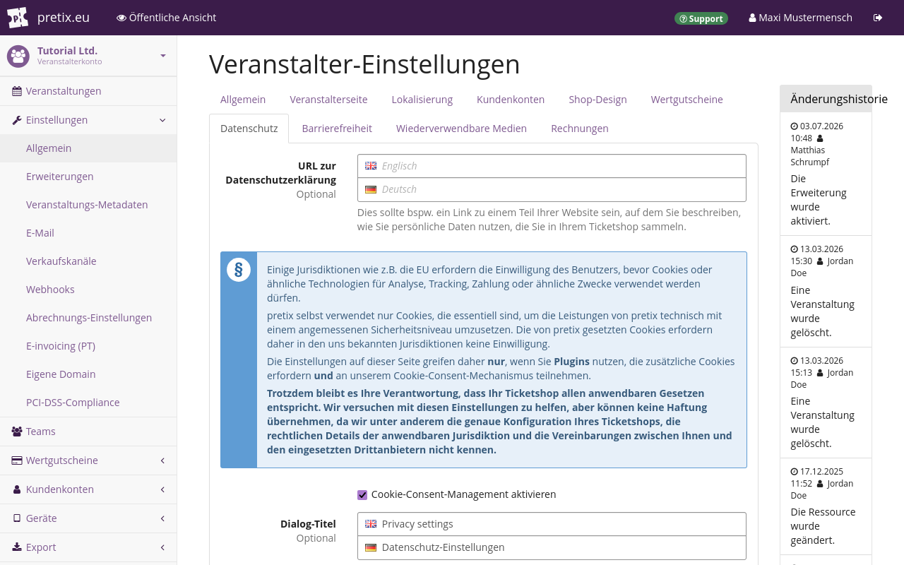 Organizer settings page, on the privacy tab, showing input fields for the URLs to a privacy policy in different languages, a large blue box with legal info, and prefilled text fields for the privacy settings dialog