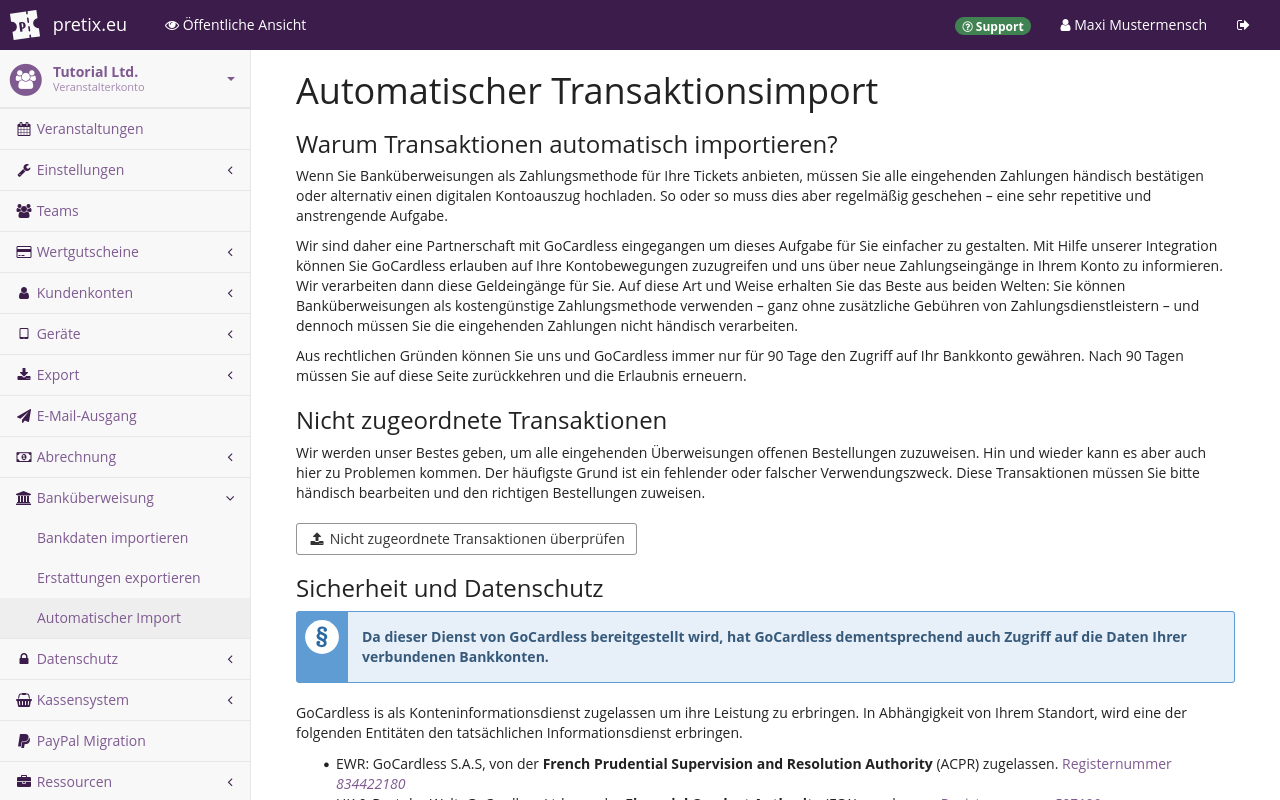 Seite mit dem Titel 'Automatischer Import von Transaktionen'. Die Seite enthält Text mit den Unterüberschriften 'Warum Transaktionen automatisch importieren?', 'Nicht zugeordnete Zahlungen' und 'Sicherheit und Datenschutz', außerdem einen Button, um nicht zugeordnete Zahlungen zur Prüfung hochzuladen.