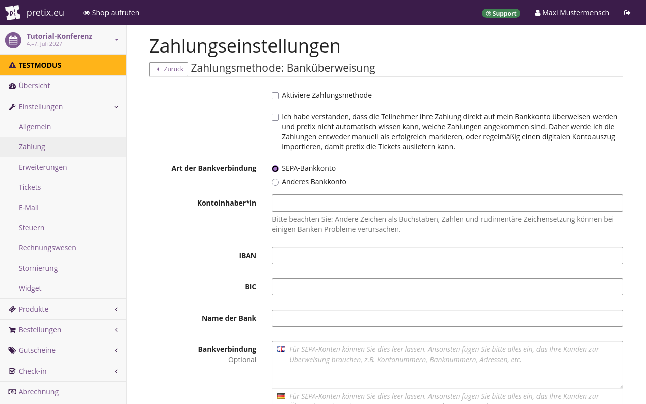 Page titled 'Payment settings—Payment provider:Bank transfer', displaying options for the bank account type, bank data, details and enabling the payment method.