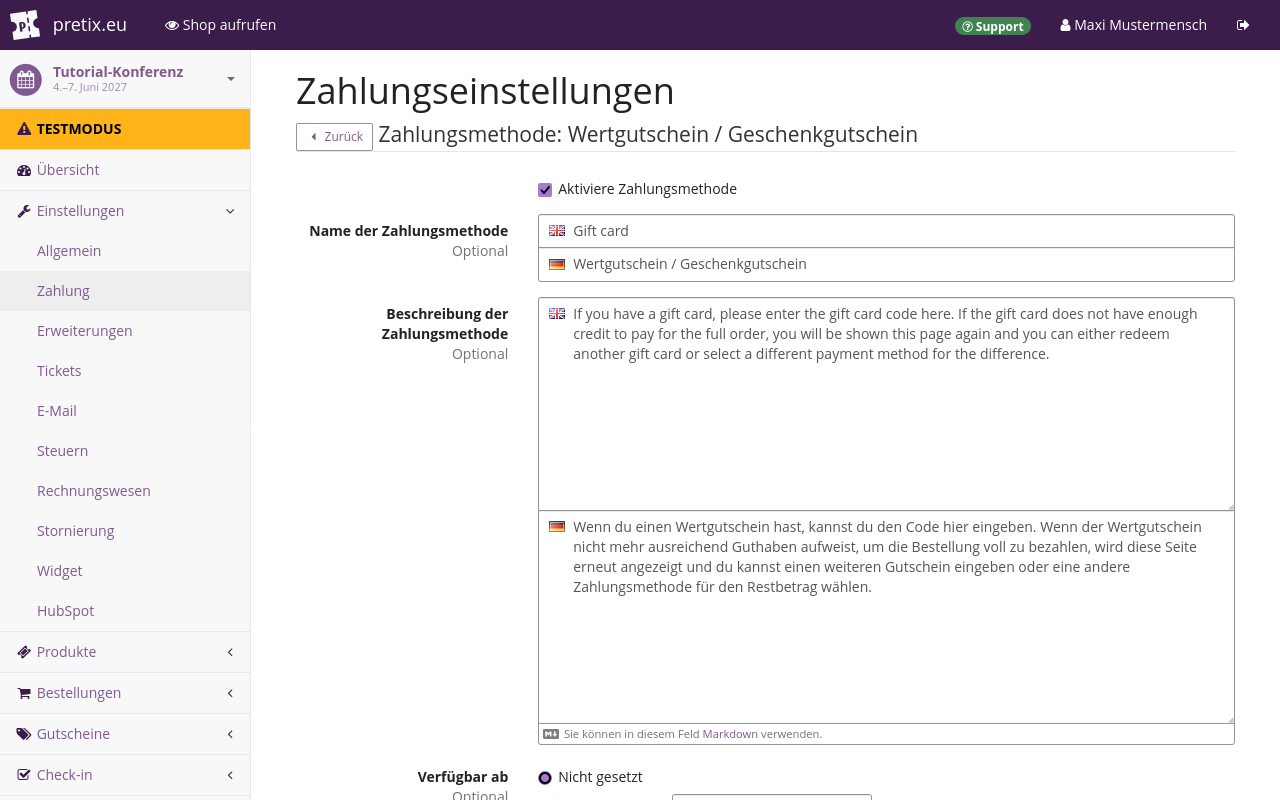 Auf der Seite mit dem Titel Zahlungs-Einstellungen: Zahlungsdienstleister: Wertgutschein ist das Kästchen bei Zahlungsmethode aktivieren angekreuzt.