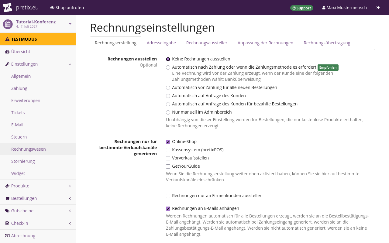 Page titled 'Invoice settings', displaying options for generating invoices, which sales channels to generate them for, and attaching them to emails.