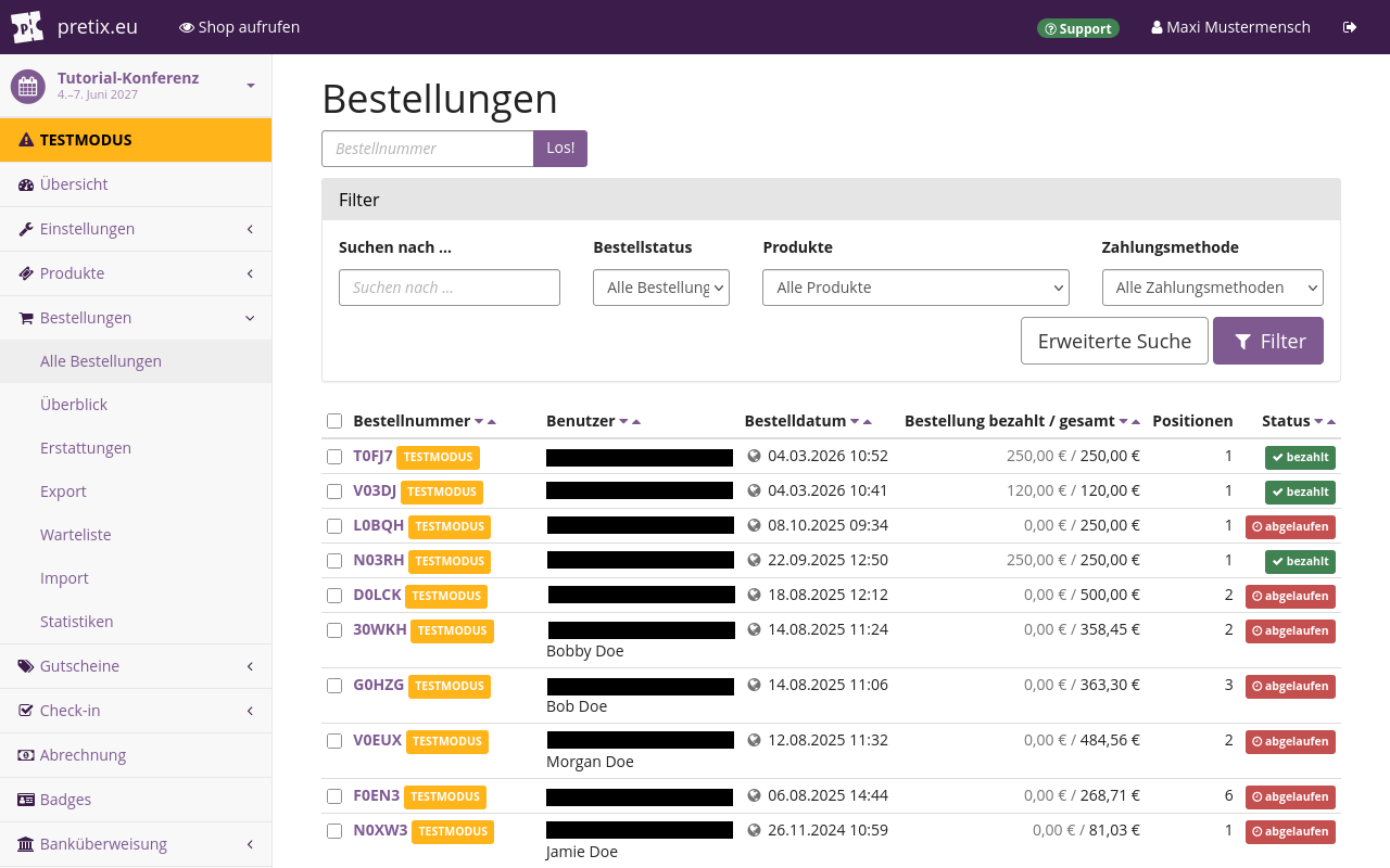 Eine Seite mit dem Titel 'Bestellungen' zeigt eine Liste mit einer Bestellung. Deren Status ist 'ausstehend', 0,00&nbsp;€ von 250,00&nbsp;€ bezahlt.