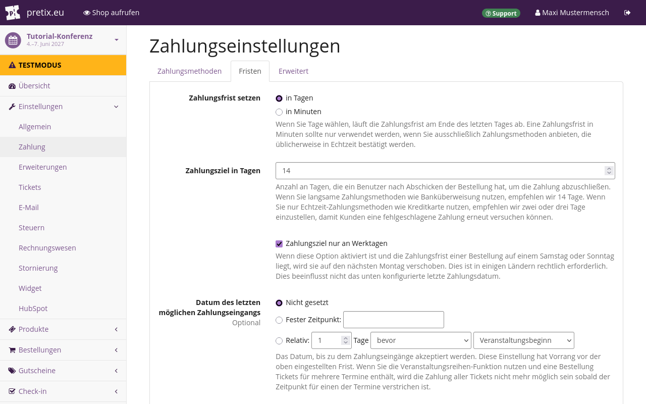 Seite "Zahlungseinstellungen". Der Reiter 'Fristen' wird angezeigt und zeigt verschiedene Optionen für Einstellungen rund um Fristen.