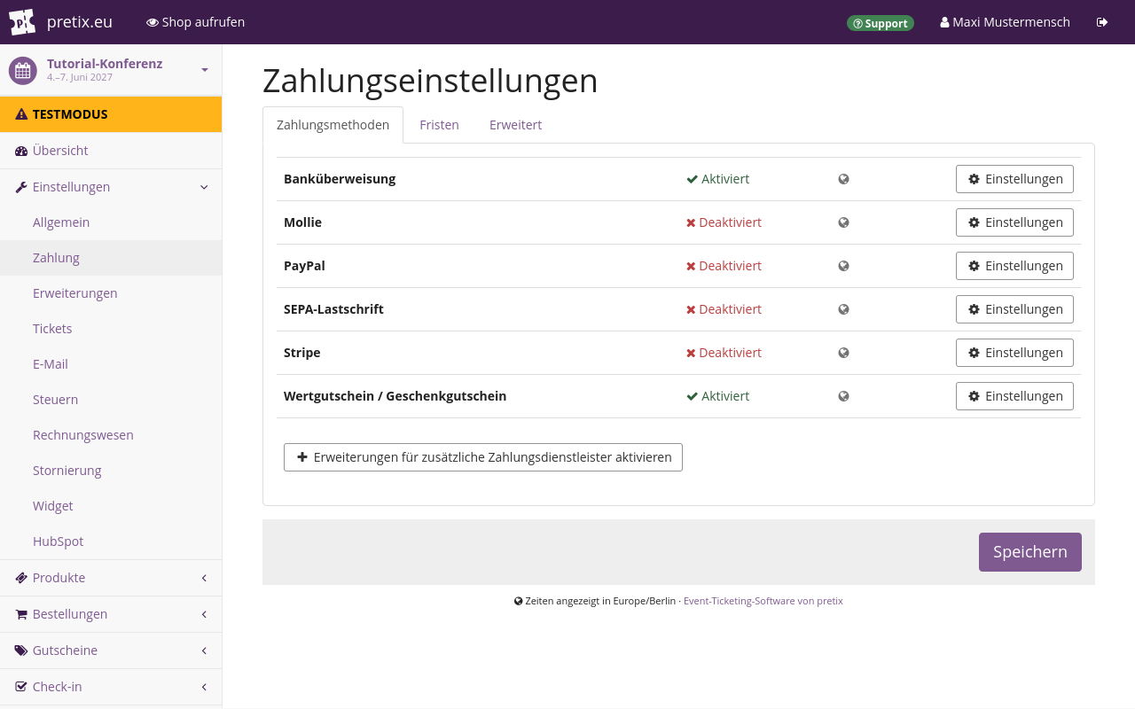 Seite 'Zahlungseinstellungen'. Der Reiter 'Zahlungsmethoden' ist geöffnet und zeigt eine Liste mit den folgenden Einträgen: Banküberweisung, Wertgutschein, Mollie, PayPal, SEPA-Lastschrift und Stripe. Die Option 'Wertgutschein' ist aktiv, alle anderen Einträge sind inaktiv. Neben jedem der Einträge ist ein Button 'Einstellungen'.
