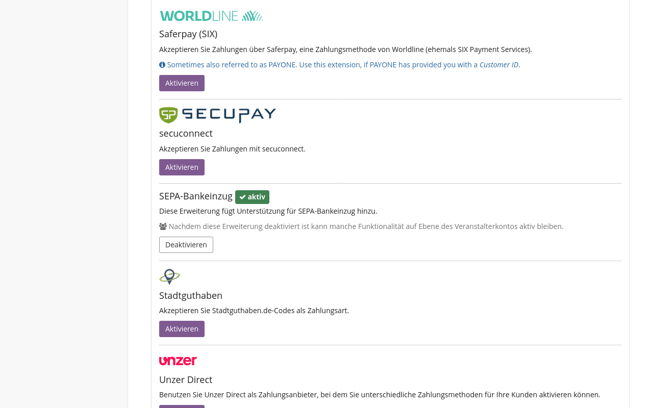 Ein Teil der Liste der verfügbaren Erweiterungen für Zahlungsdienstleister. Zu sehen sind Saferpay, secuconnect, SEPA-Bankeinzug, SOFORT und Stadtguthaben. Der SEPA-Bankeinzug ist aktiv. Neben den übrigen Einträgen ist ein violetter Button 'Aktivieren'.