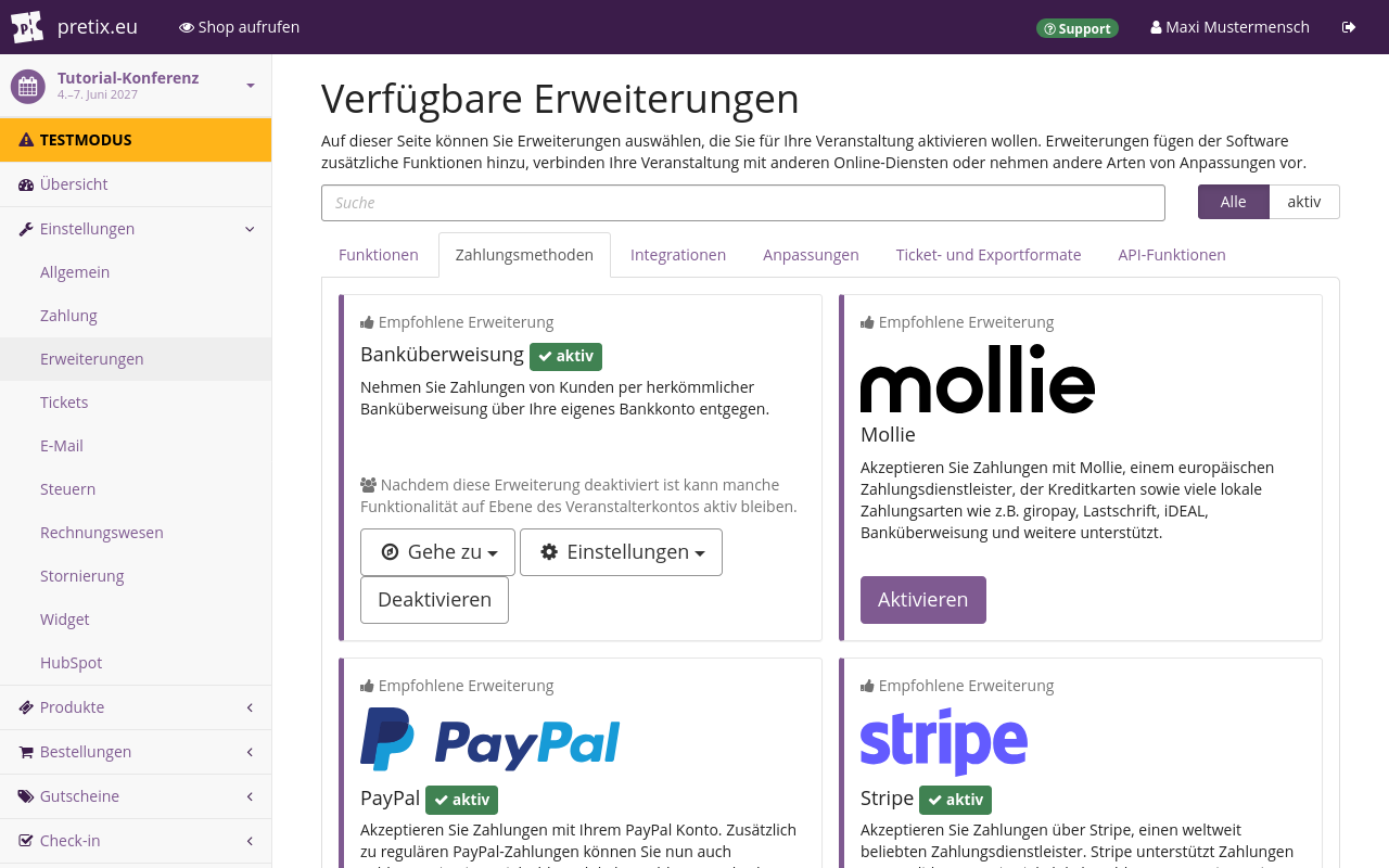 Seite mit Einstellungen für Erweiterungen. Der Reiter "Zahlungsmethoden" ist geöffnet und zeigt die Erweiterungen für Banküberweisungen, Mollie, PayPal und Stripe, die alle aktiv sind.