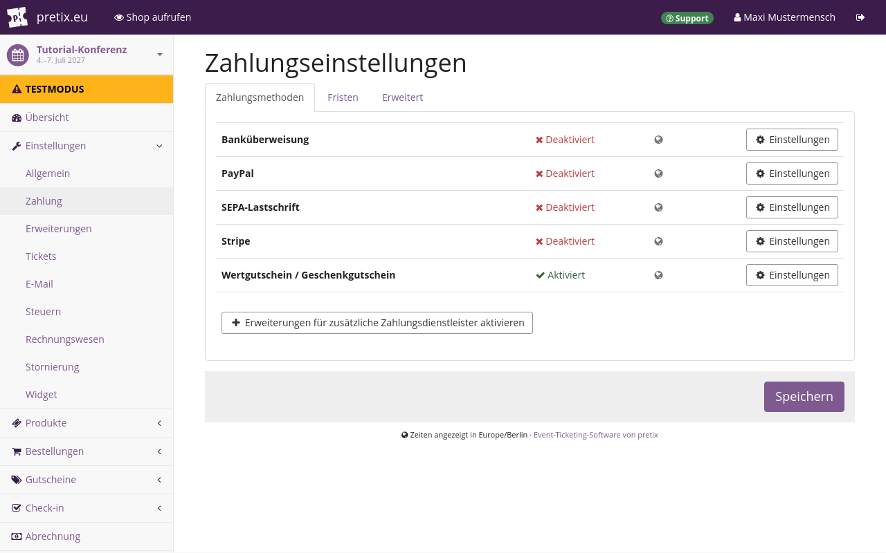 Page titled 'Payment settings', on the 'Payment providers' tab. There is a list of payment providers: Bank transfer, Gift card, PayPal, SEPA debit and Stripe.