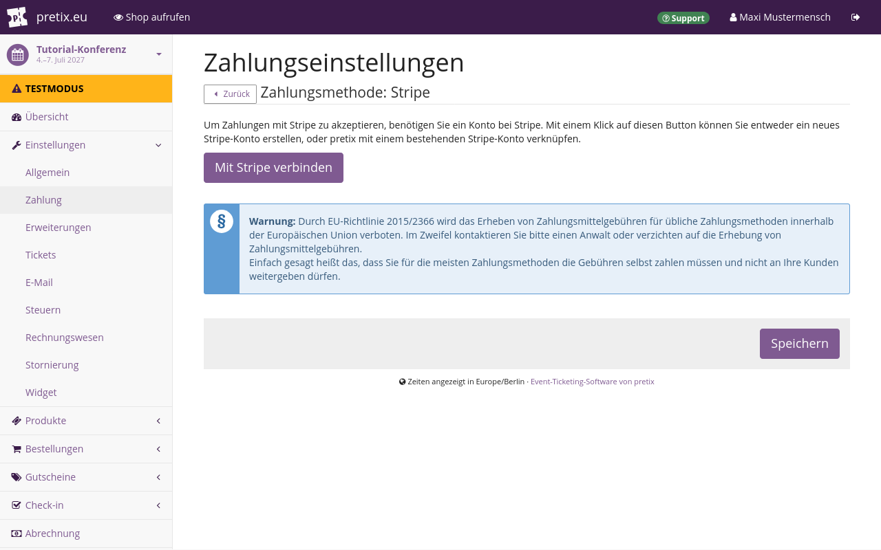 Page titled 'Payment settings—Payment provider:Stripe', displaying a box with a legal warning and buttons for connecting with Stripe and saving.