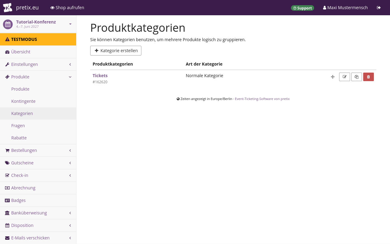 Page titled 'Product categories', showing a list of categories only containing 'Tickets' and a button for creating a new category.