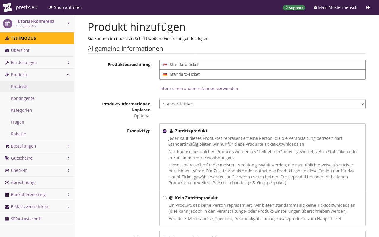 Page titled 'Create product', showing options such as item name, copy product information, product type and personalization.